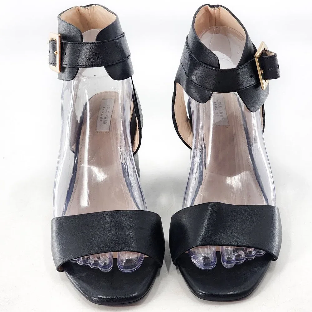 COLE HAAN Avani Black‎ Leather Block Heel Ankle Strap Sandal Buckle